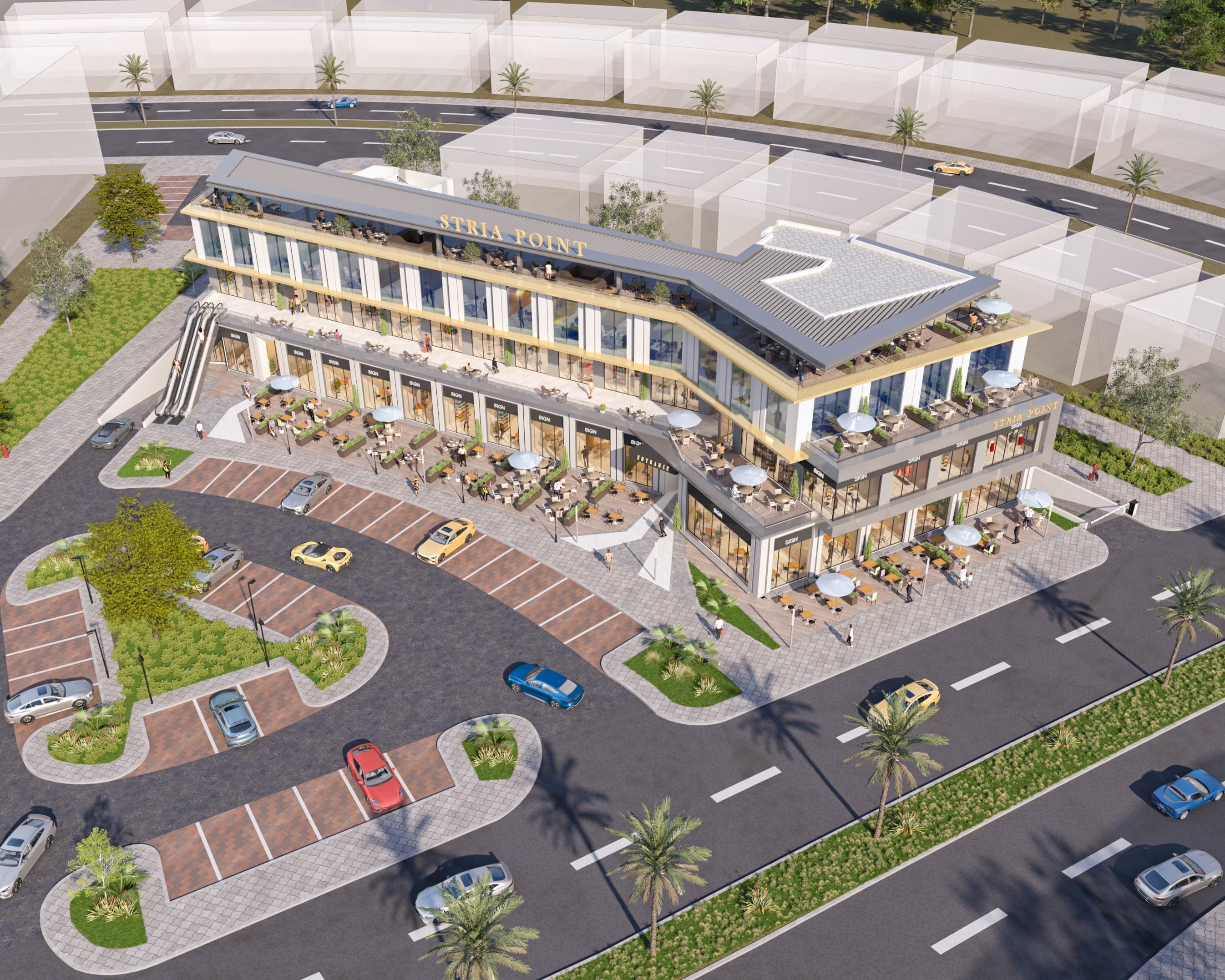 Architectural visualization: Aerial overview of the site and parking