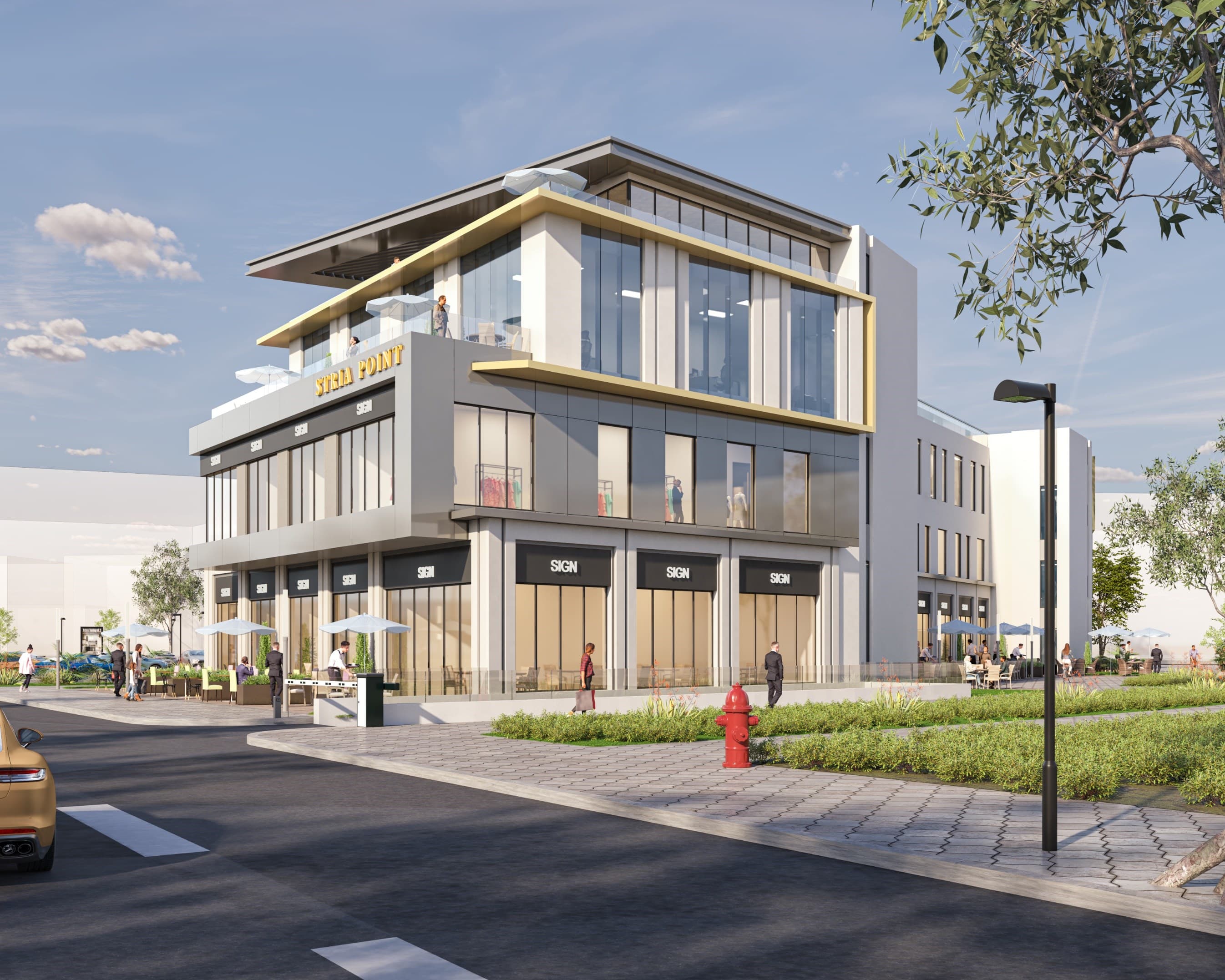 Architectural visualization: Corner arrival and street-facing retail