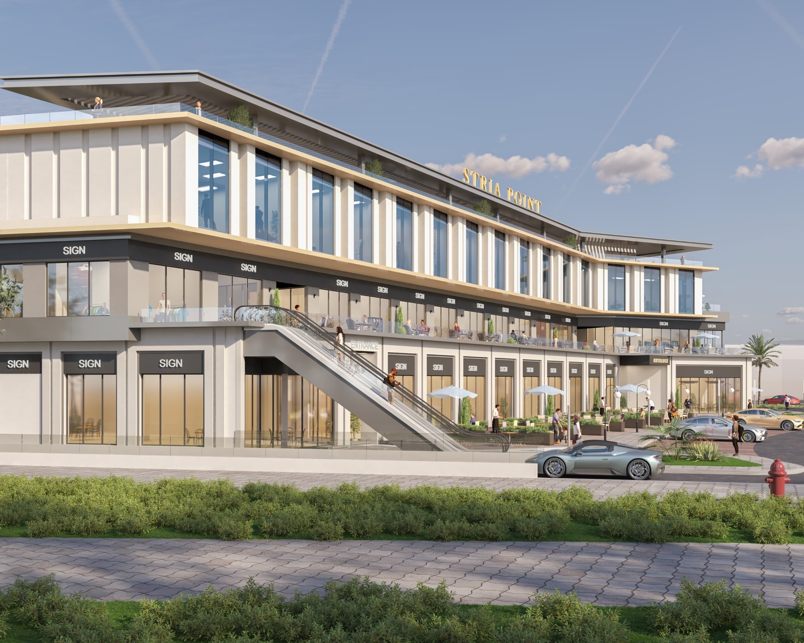 Architectural visualization: Main retail façade and external escalator